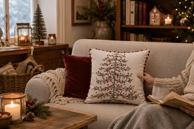 Kerstkussen met kerstboomprint en rode pompons – Urbane Hide