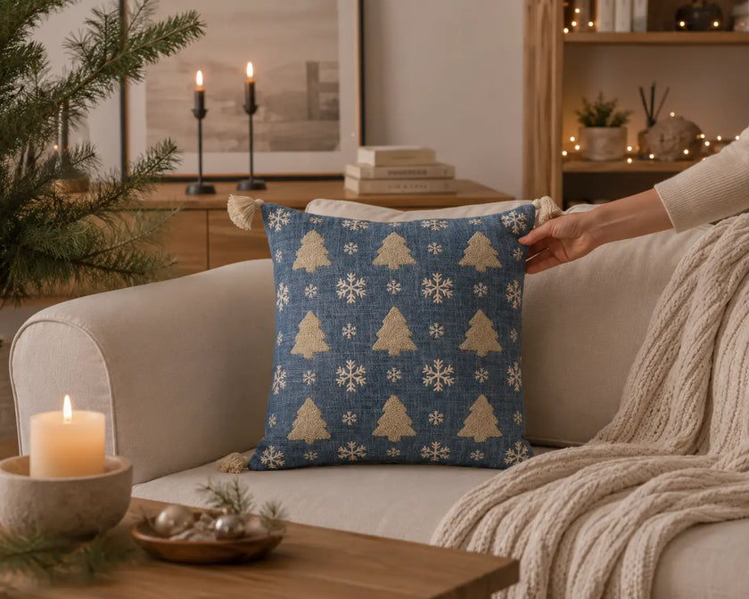 Weihnachts-kissenbezug blau mit Bäumen und Schnee - Urbane Hide