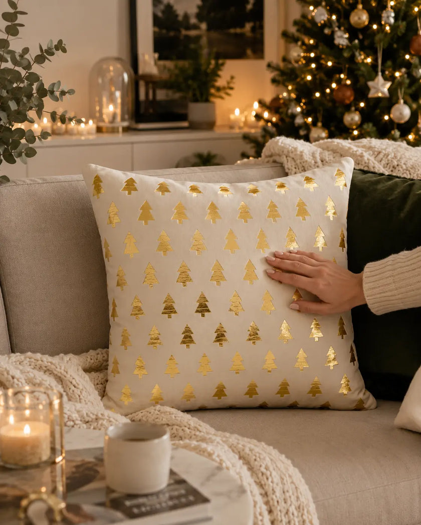 Kerst sierkussen wit fluweel op bank in kerstsfeer