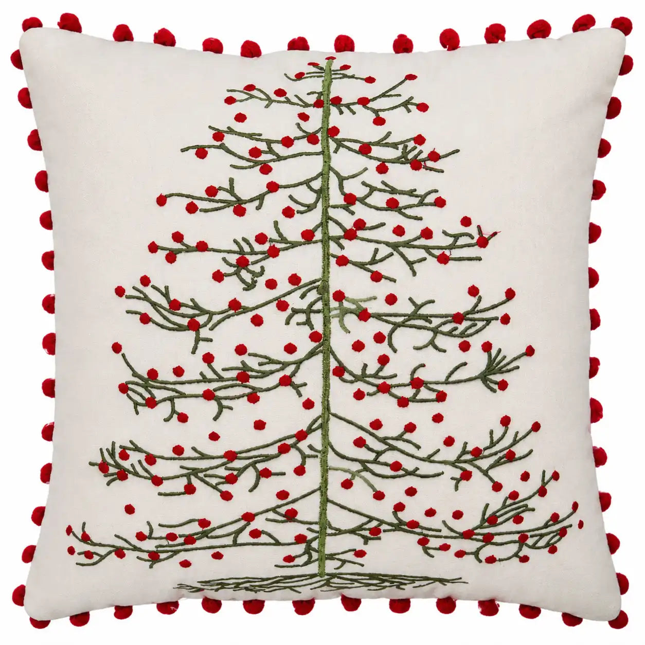 Kerstkussen Wit Met Geborduurde Kerstboom Pompons
