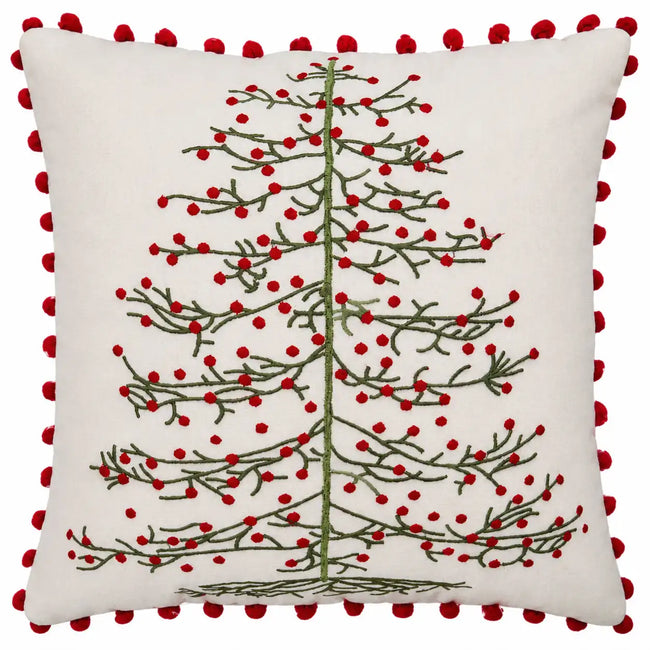 Kerstkussen met kerstboomprint en rode pompons – Urbane Hide