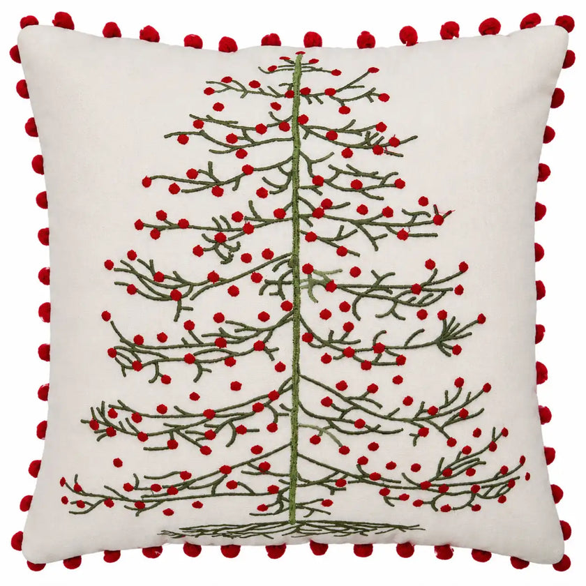 Kerstkussen Wit Met Geborduurde Kerstboom Pompons