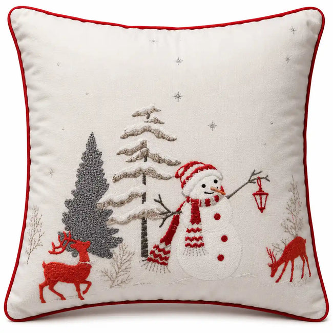 Winterkussen met sneeuwpop en herten borduursel – Urbane Hide