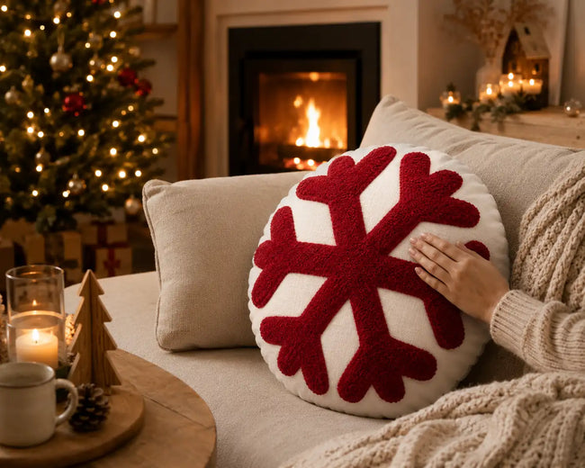 Kerst sierkussen rond op bank in sfeervol kerstinterieur