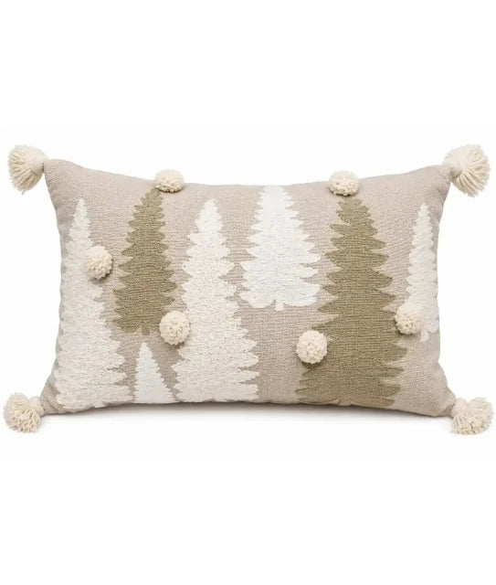 Kerstkussen beige met geborduurde kerstbomen print