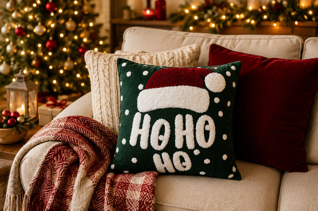 Kerstkussen met grappige 'Ho Ho Ho' tekst en kerstmuts – Urbane Hide