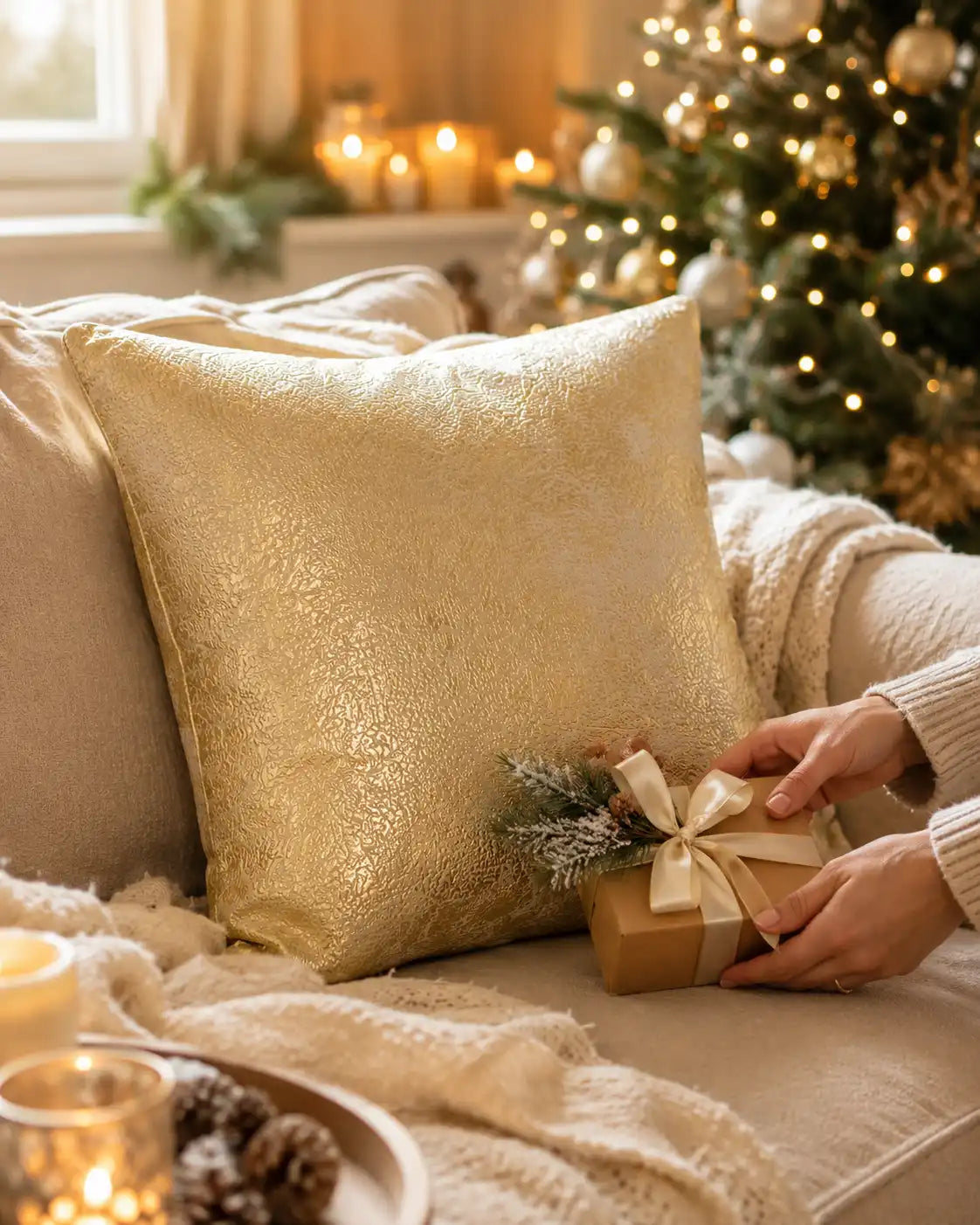 Kerst sierkussen goud op stoel bij de kerstboom