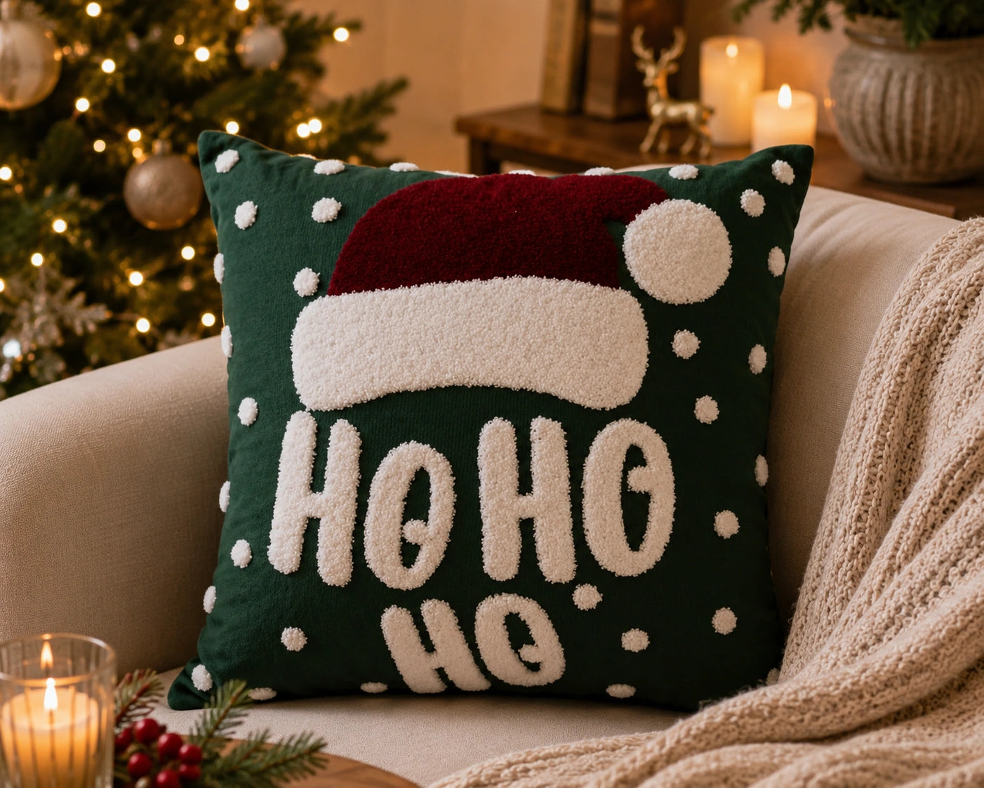 Kerst sierkussen Groen Met Kerstmuts Woonkamer