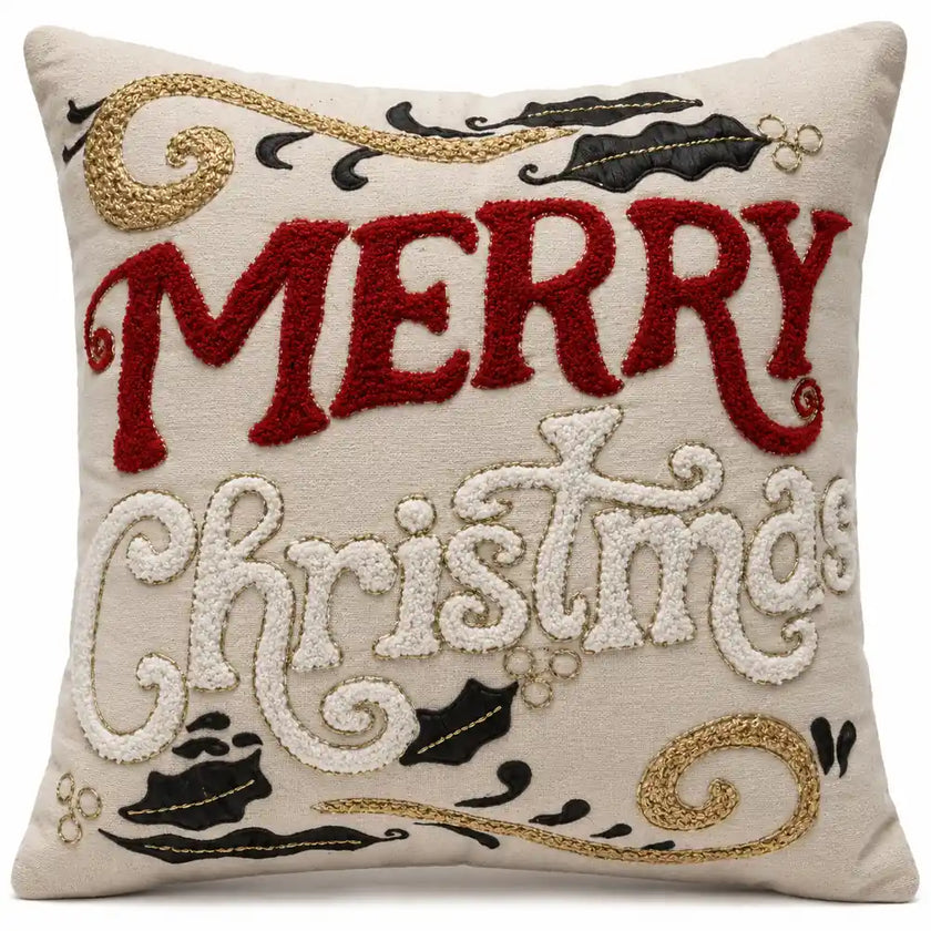 Kerstkussen Beige Rood Merry Christmas Geborduurd