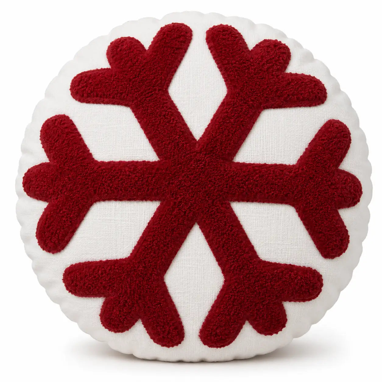 Kerstkussen rond wit met rood sneeuwvlokmotief design