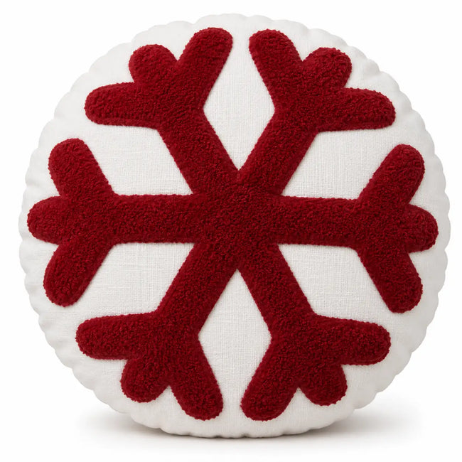 Kerstkussen rond wit met rood sneeuwvlokmotief design