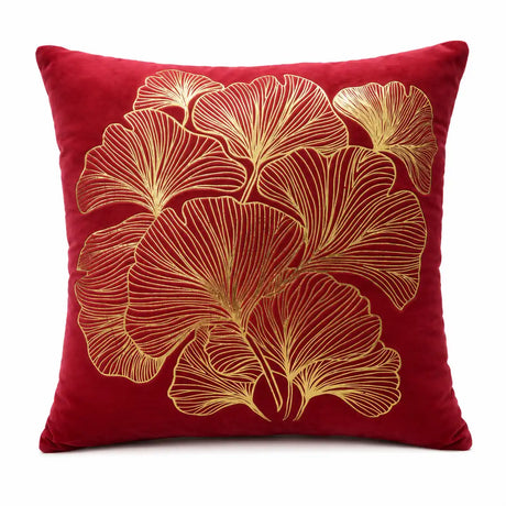 Kerstkussen rood fluweel met goud metallic ginkgo print