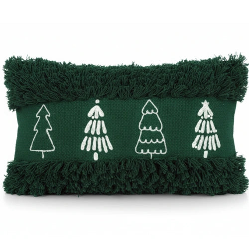 Groen kerstkussen met kerstbomen en fluffy rand - Urbane Hide