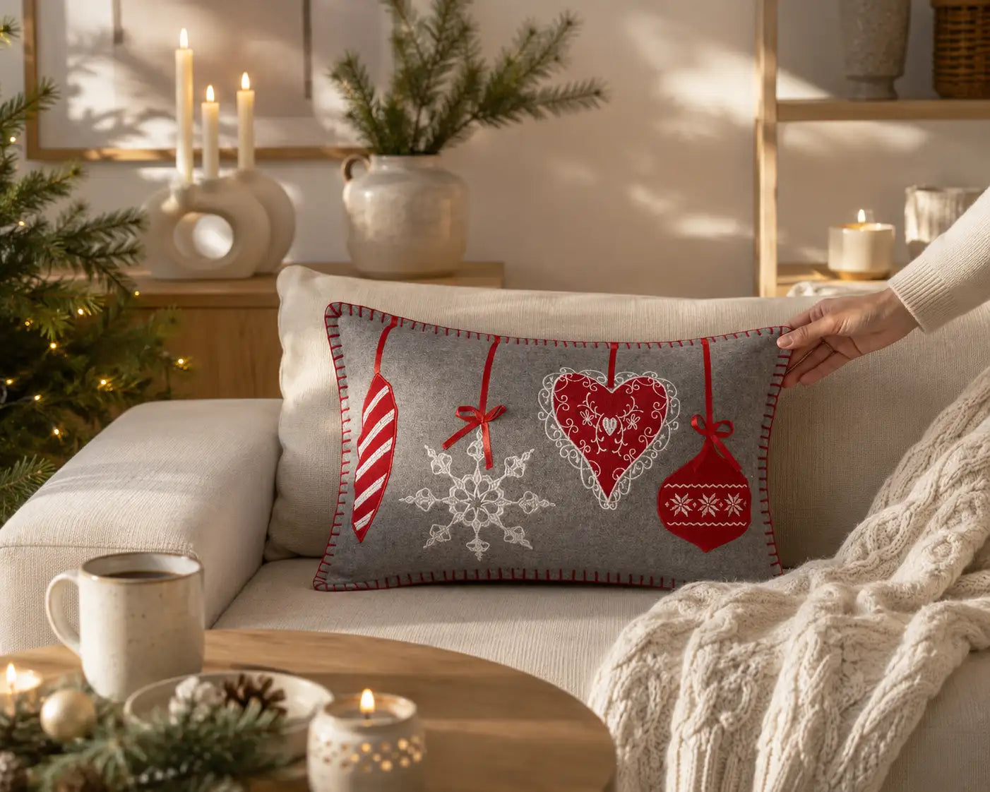 Kerst kussenhoes rechthoekig op bank in woonkamer
