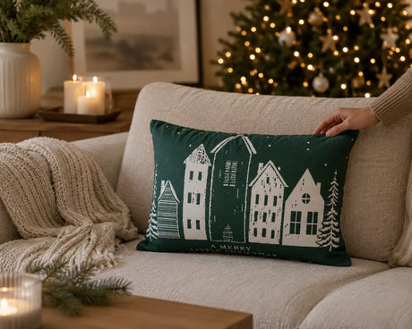 Kerstkussen 30x50 Groen Met Huizen Woonkamer Decor
