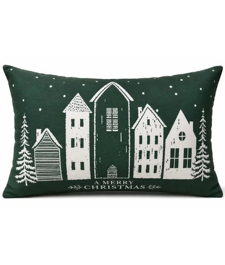 Kerstkussen 30x50 Groen Wit Bedrukt Met Kerst Huizen