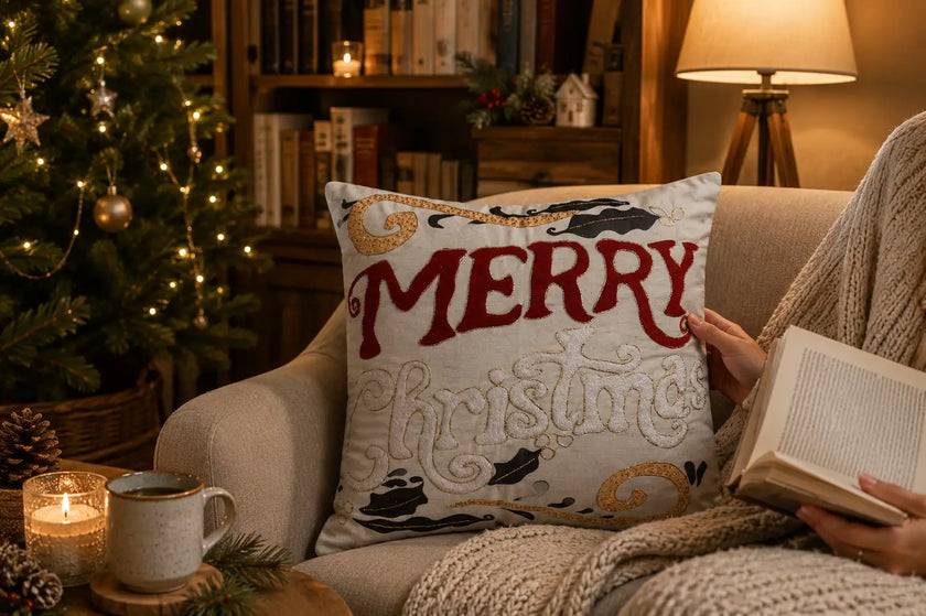 Coussin Noël broderies festives chic | Urbane Hide