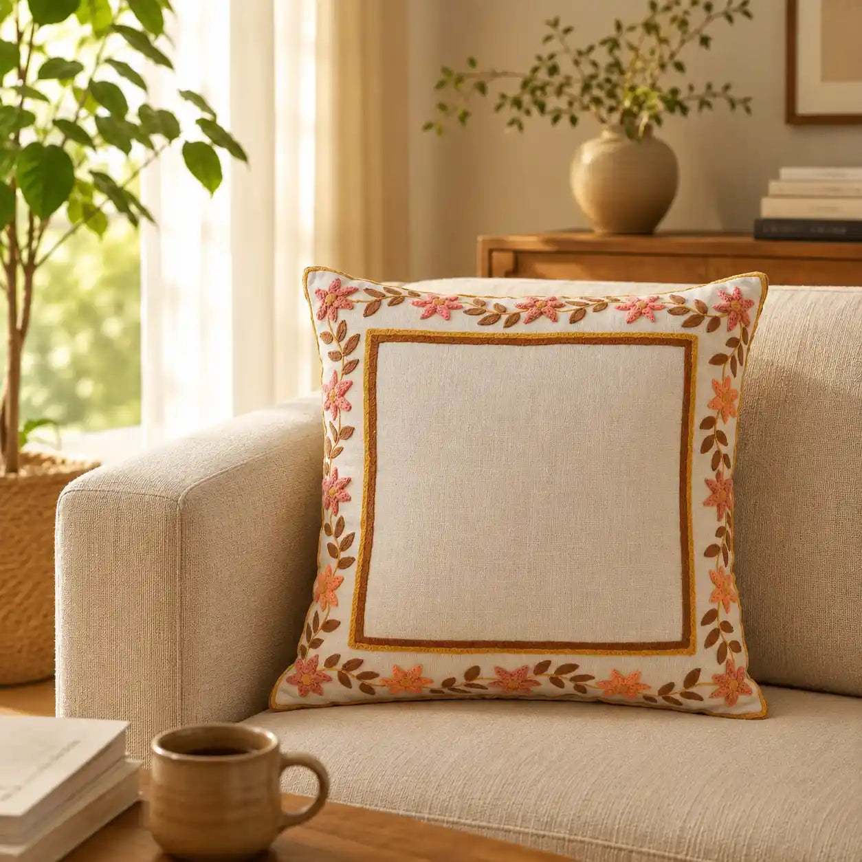 Embroidered Floral Border Boho Cushion | Urbane Hide