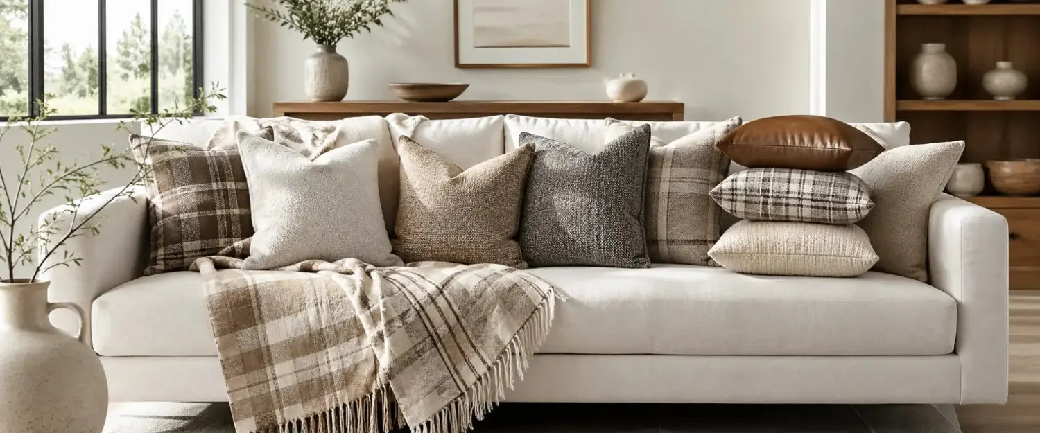 Kussenhoezen in neutrale tinten op een comfortabele bank met plaid