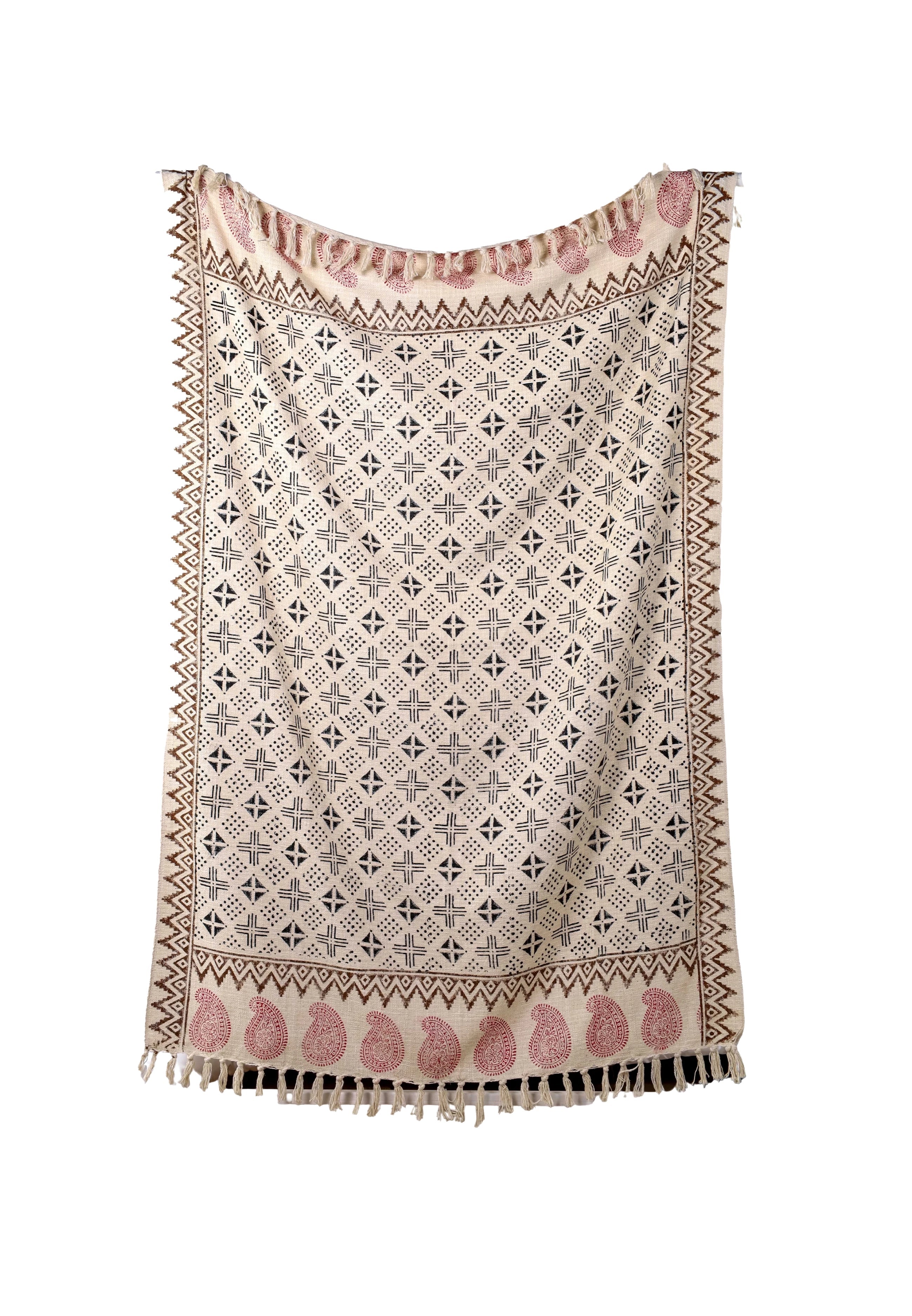 Beige Deken met Zwarte Tribal Print & Franje | Urbane Hide Urbane Hide