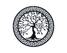 Levensboom muurdecoratie rond zwart metaal, geïnspireerd door Griekse stijl, perfect voor moderne interieurs.