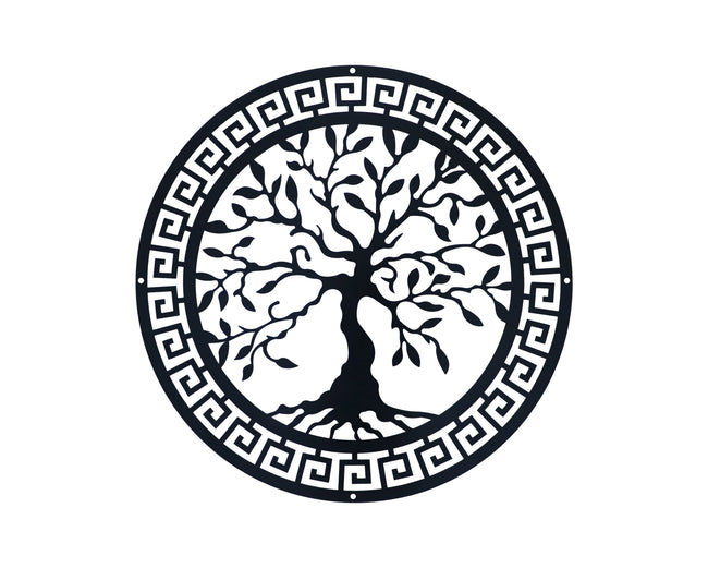 Levensboom muurdecoratie rond zwart metaal, geïnspireerd door Griekse stijl, perfect voor moderne interieurs.