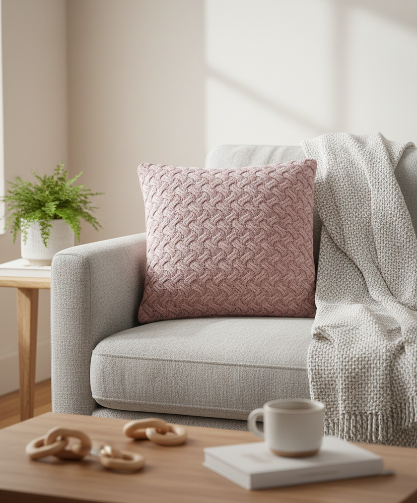 Gebreid Oudroze Sierkussen met Kabelpatroon – Urbane Hide