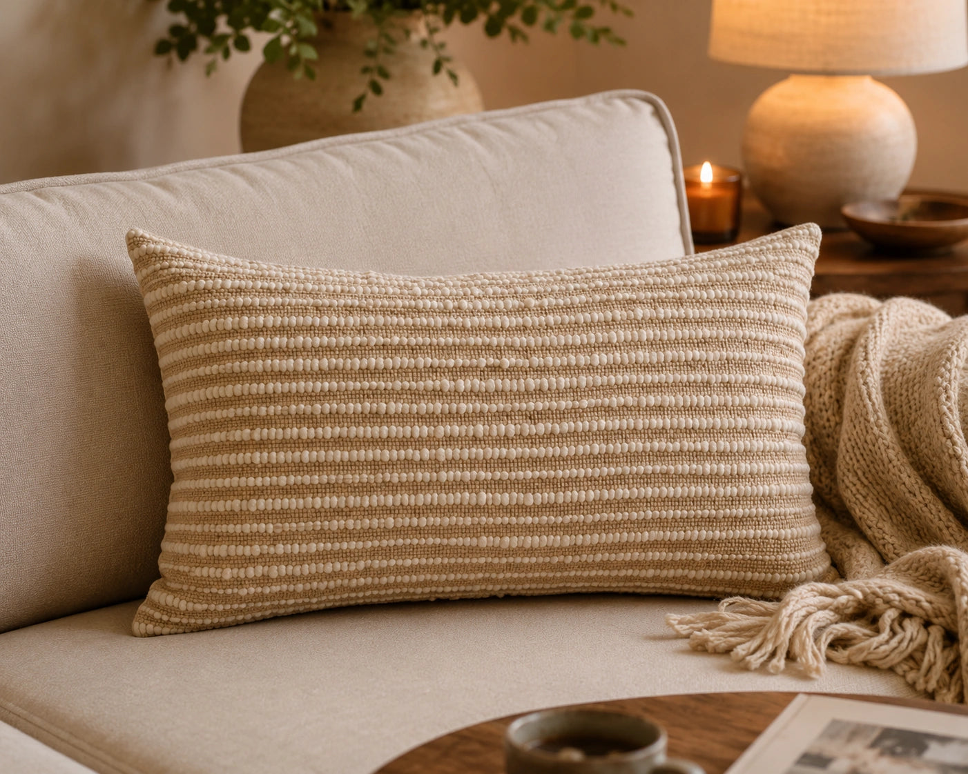 Beige Lendenkissenbezug mit Streifen und Textur – Urbane Hide