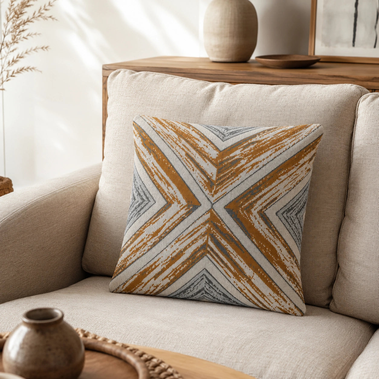 Coussin décoratif géométrique gris ocre | Urbane Hide