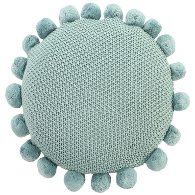 Rond sierkussen gebreid met pompons dof blauw – Urbane Hide