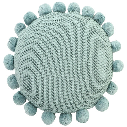 Rundes Zierkissen gestrickt mit Pompons mattblau – Urbane Hide