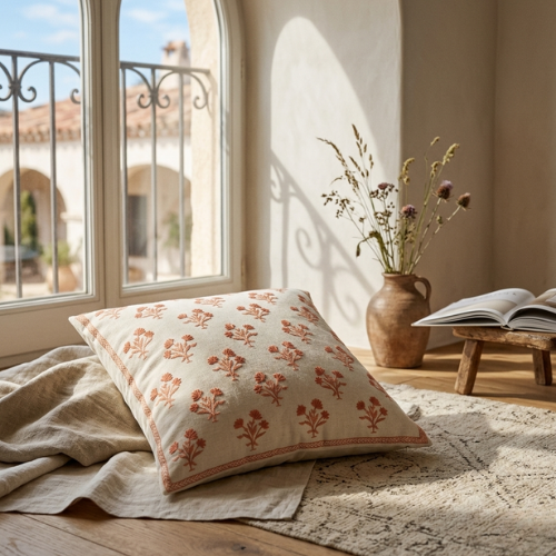 Zierkissen Beige mit Orangen Boho-Blumen – Urbane Hide
