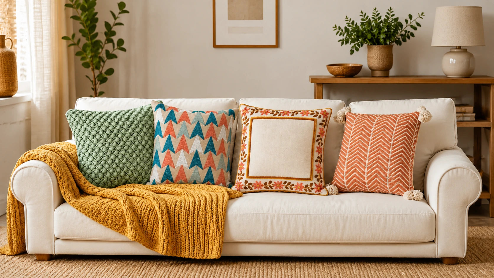 Sierkussen collectie met decoratieve sierkussens op een stijlvolle bank