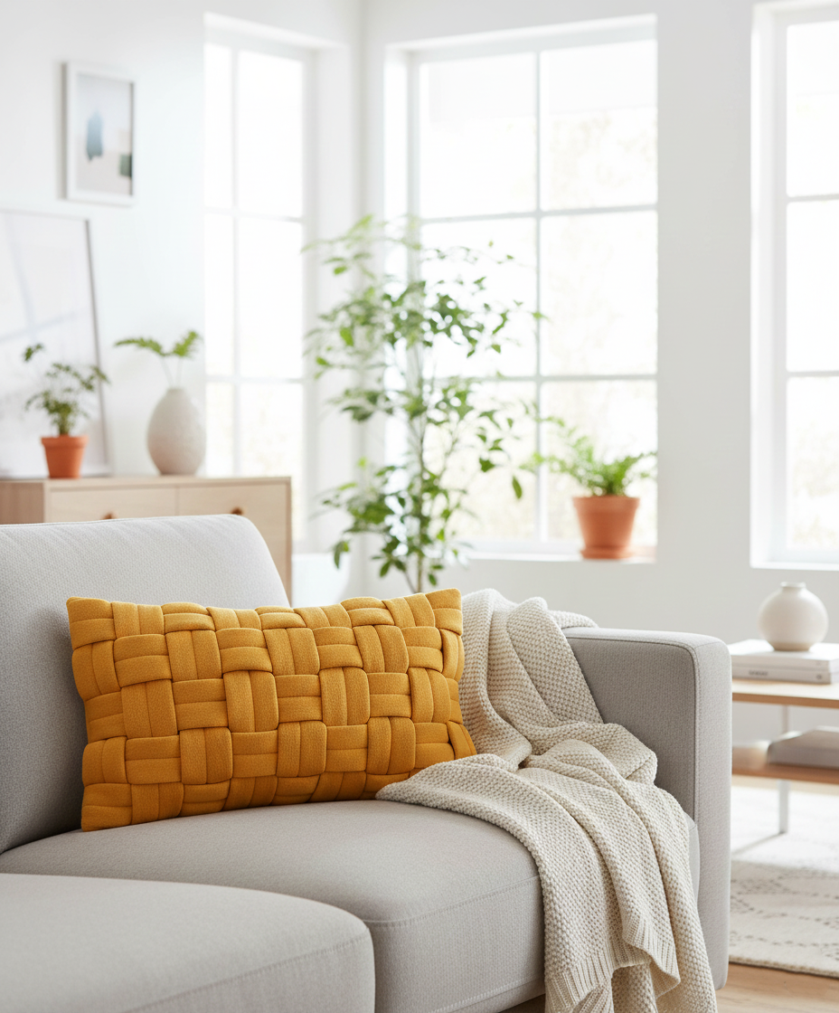 Sierkussen Gevlochten Kussenhoes Okergeel – Urbane Hide Urbane Hide