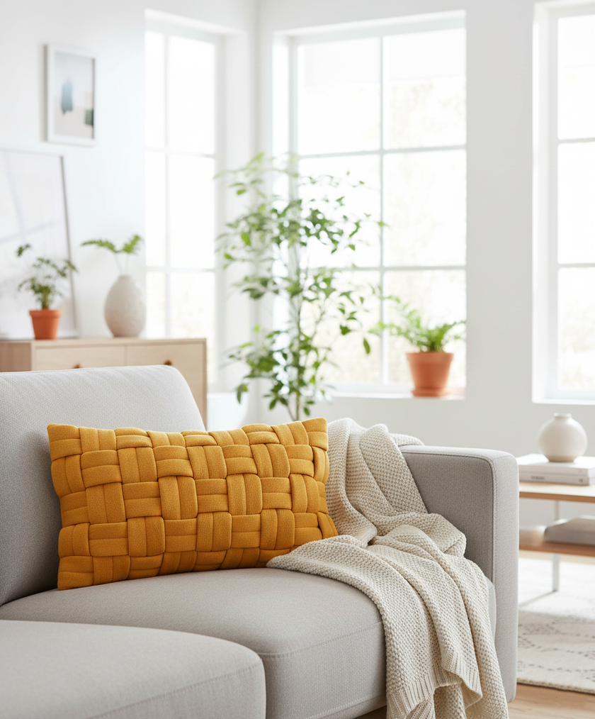 Sierkussen Gevlochten Kussenhoes Okergeel – Urbane Hide Urbane Hide